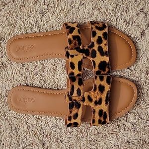 J Crew Women's Calf Hair Leopard Beachside Slides Sandals Size 9M